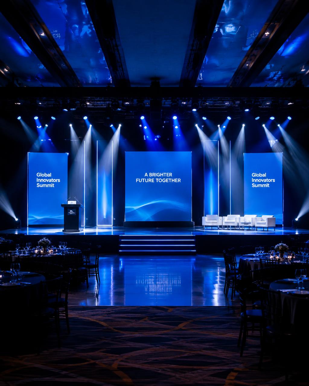 Corporate gala stage with clean blue lighting
