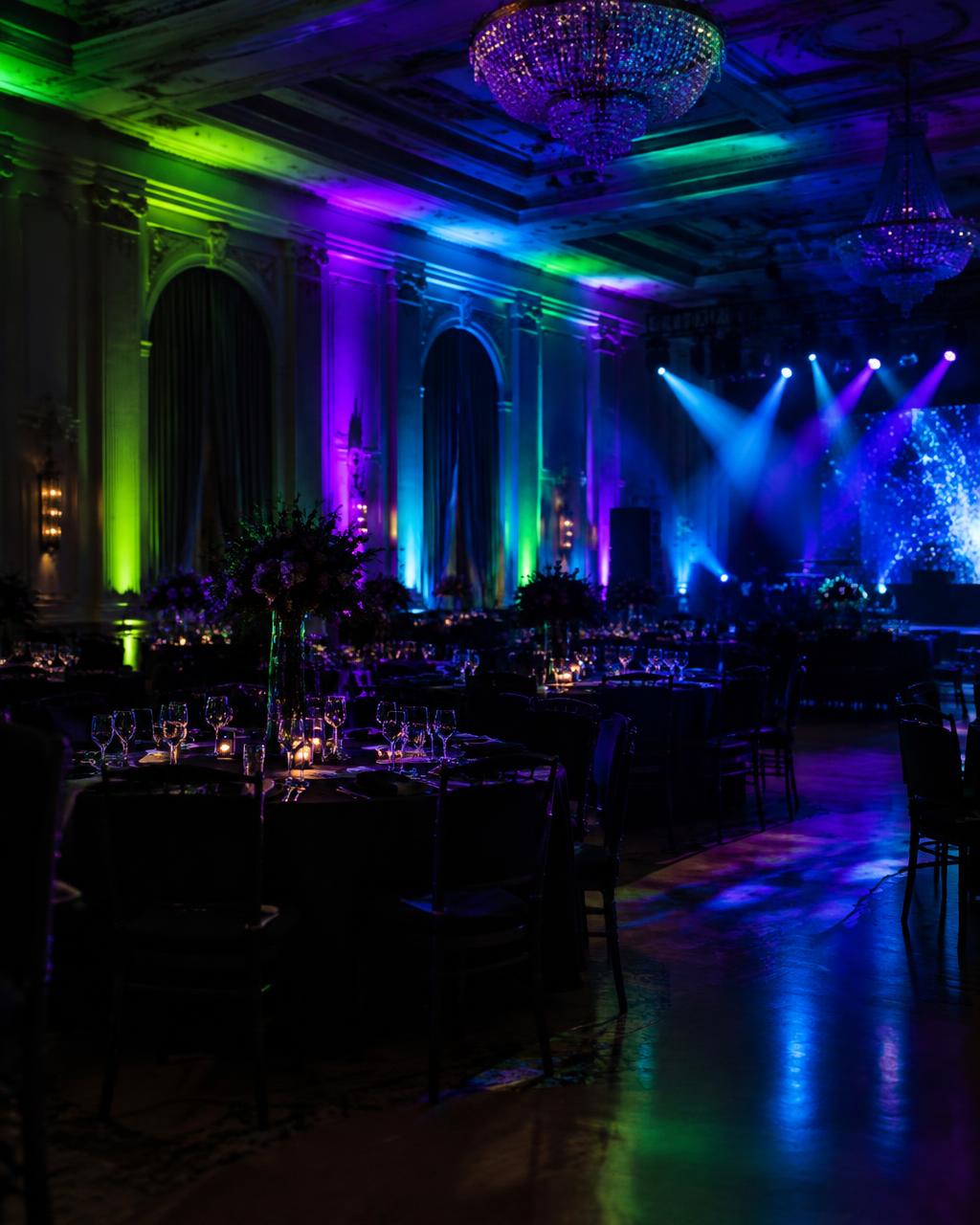 Ballroom washed in colorful LED uplighting