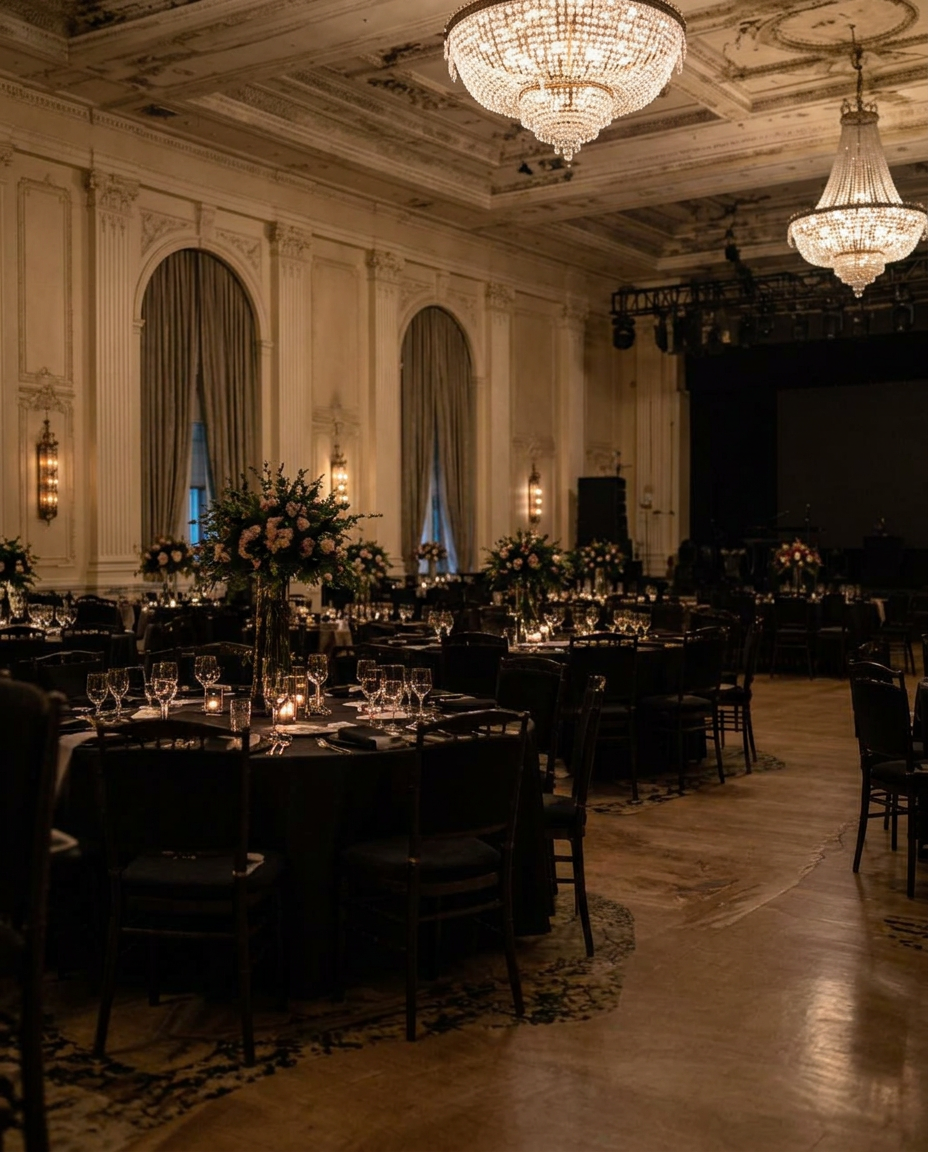 The same ballroom with no uplighting — plain and dark